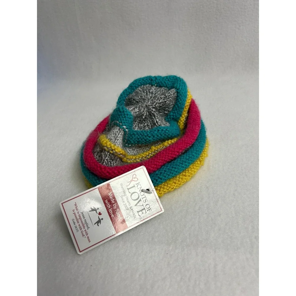 Handmade Knit Knots of Love Small Multi-Color Striped Garter Stitch‎ Beanie Hat